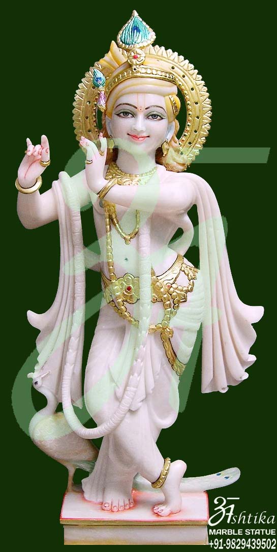 Marble Krishna Statue With Peacock